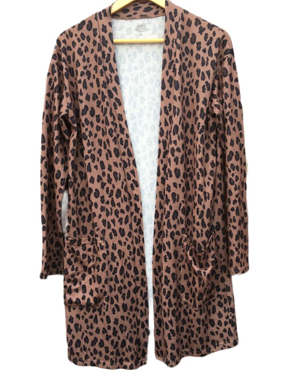 Leopard Print Cardigan XL Brown Black Pockets Open Front Tickled Teal